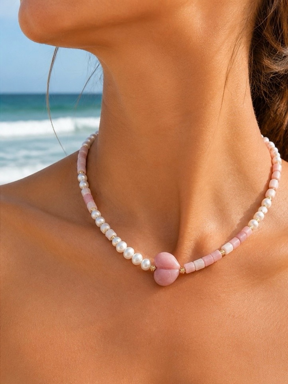 Pink Opal and Freshwater Pearl Heart Necklace (6a)